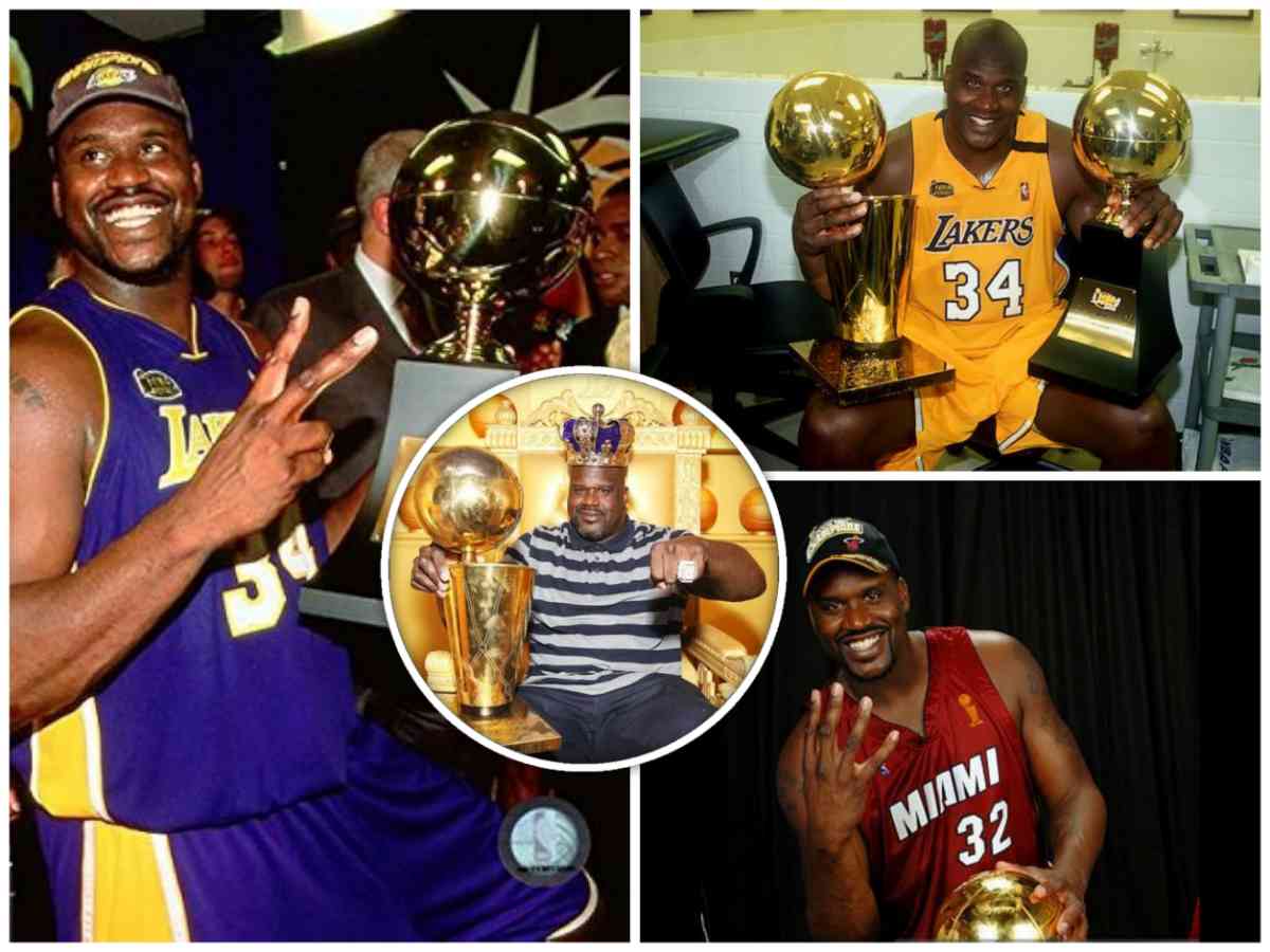 Shaquille O'Neal with his rings