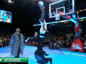 Jaylen Brown dunked over a seated 5ft 3-inch Kai Cenat in the NBA All-Star dunk contest (image via NBA on TNT/X)