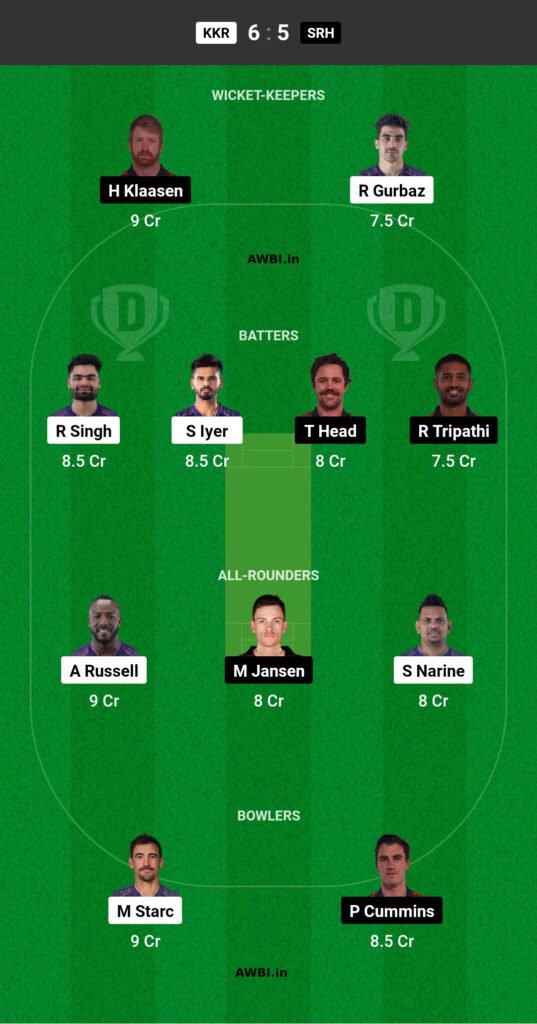 KKR vs SRH Dream11 Prediction Fantasy Team No. 1