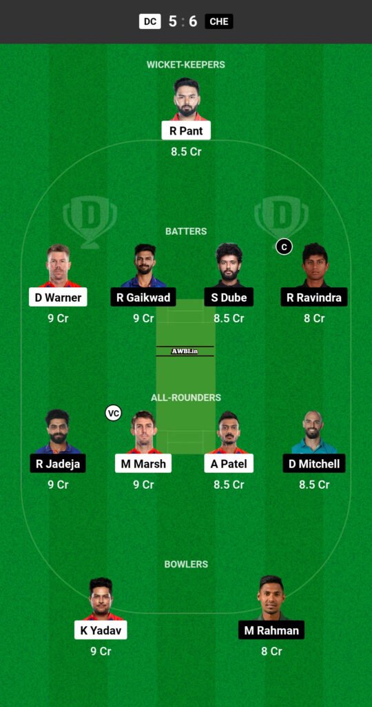 DC vs CSK Dream11 Prediction Team 1