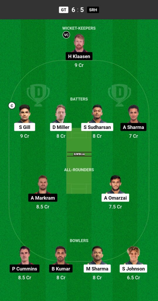 GT vs SRH Dream11 Prediction Team 1