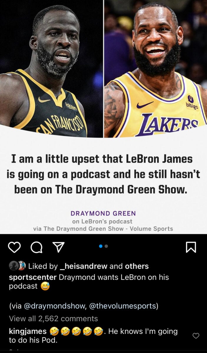 LeBron James hilariously responds to 'upset' Draymond Green after starting podcast with JJ Redick