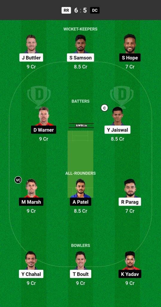 RR vs DC Dream11 Prediction Team 1