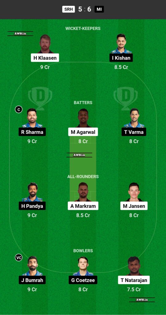 SRH vs MI Dream11 Prediction Team 1