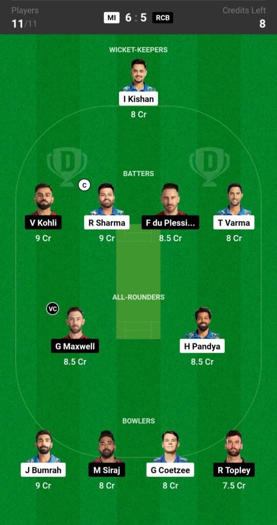 MI vs RCB Dream11 Prediction Team 2