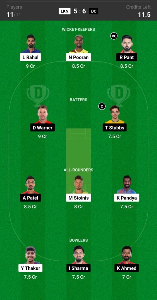 LSG vs DC Dream11 Prediction Team 2