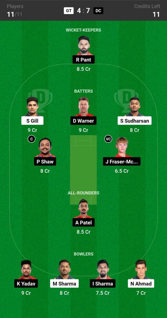 GT vs DC Dream11 Prediction Team 2