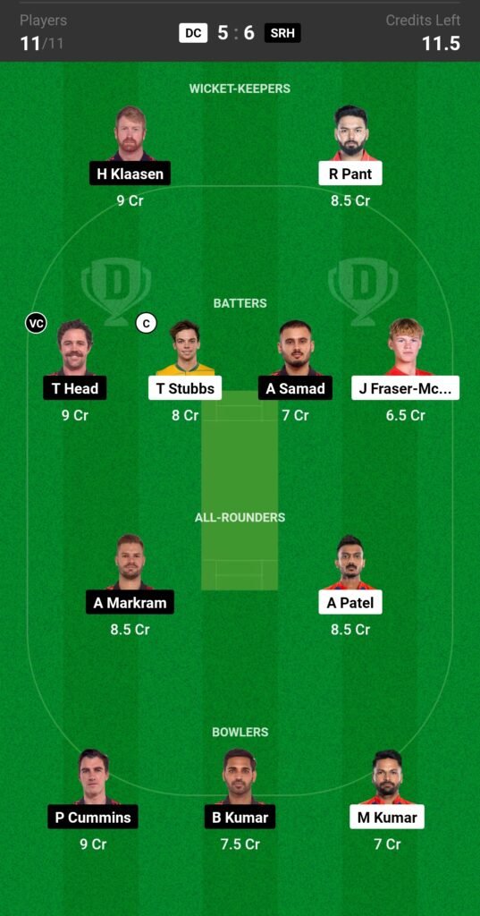 DC vs SRH Dream11 Prediction Team 2