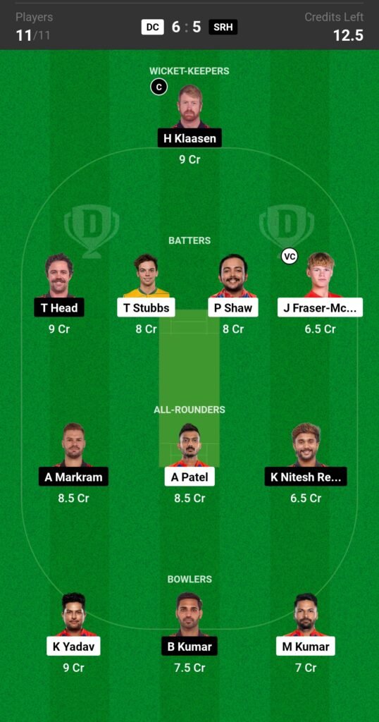 DC vs SRH Dream11 Prediction Team 1