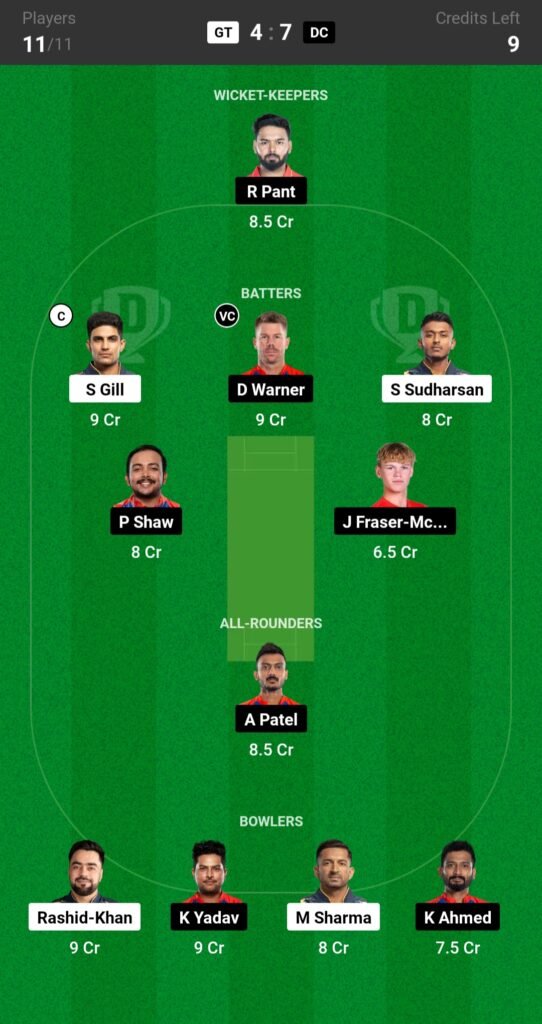 GT vs DC Dream11 Prediction Team 1