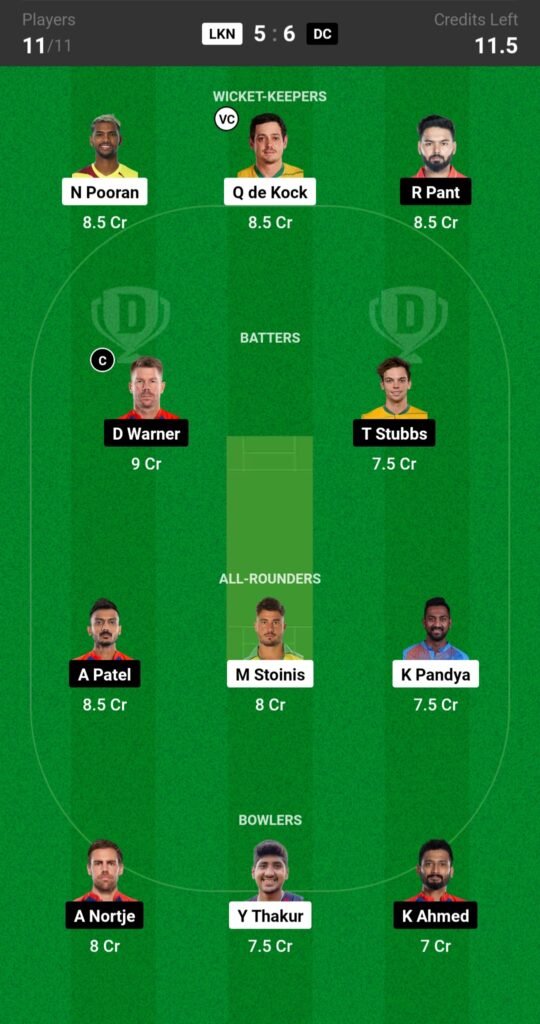 LSG vs DC Dream11 Prediction Team 1