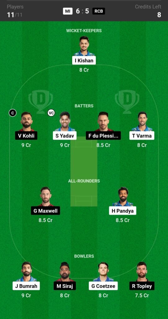 MI vs RCB Dream11 Prediction Team 1