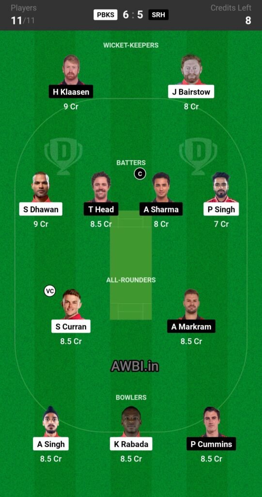 PBKS vs SRH Dream11 Prediction Team 1