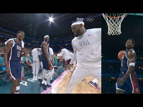 LeBron James having fun with Anthony Edwards after windmill dunk vs Puerto Rico 😂