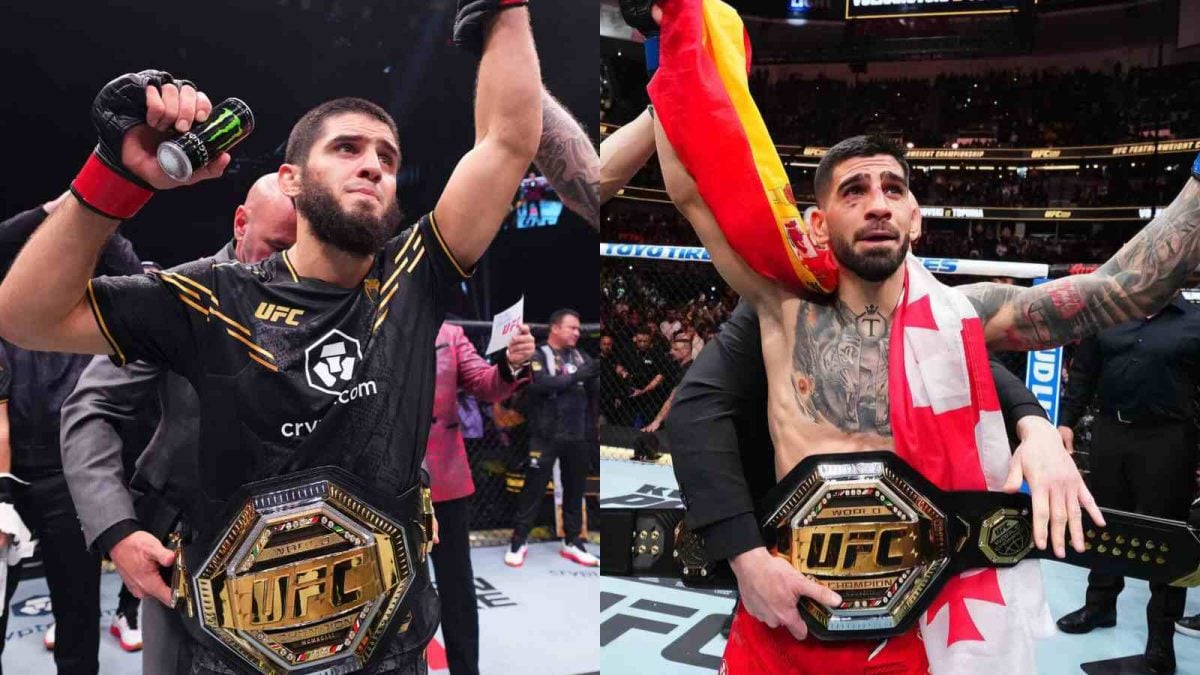 Islam Makhachev and Ilia Topuria after winning their UFC belts