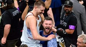 Nikola Jokic and his brother Strahinja after the Nuggets won the 2023 NBA Championships