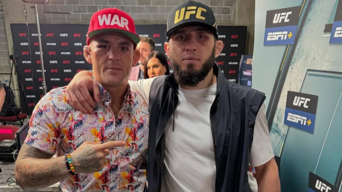 Islam Makhachev and Dustin Poirier after their fight